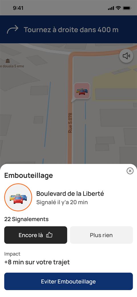 Détail d'un embouteillage boulevard de la Liberté : 22 signalements, boutons Encore là et Plus rien, impact de 8 minutes